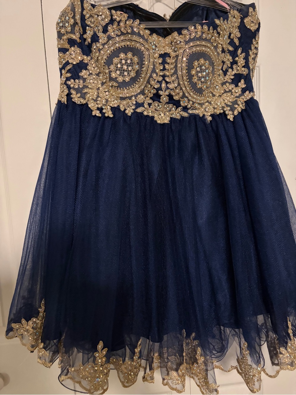💙 Blush Navy Gold Beaded Corset Prom Hoco Dress Ladies Size 16 High Quality - Picture 11 of 12